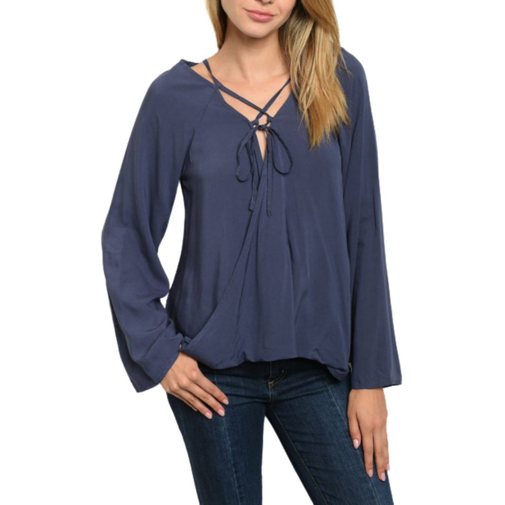 Navy long-sleeve loose fit crossover top